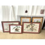 FIVE ORIENTAL SILK TAPESTRIES; LARGEST 47.5 X 68CM; ALL FRAMED AND GLAZED