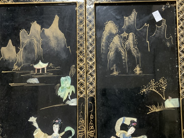 TWO BLACK LACQUERED ORIENTAL PANELS WITH MOTHER OF PEARL AND GILDING DECORATION; 70 X 25CM - Image 3 of 4