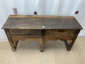 EARLY ANTIQUE WOODEN KITCHEN BASE WITH TWO DRAWERS; 153 X 49 X 76CM