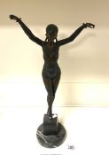 AFTER GEORGES GARDET (1863-1939) A BRONZED FIGURE OF A DECO DANCING LADY ON A BLACK MARBLE BASE;