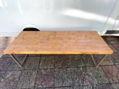 LARGE HEAVY PINE TOP TABLE WITH A METAL BASE; 240 X 88CM