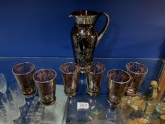 VINTAGE RUBY RED VENETIAN GLASS PITCHER SET WITH SILVER OVERLAY WITH SIX MATCHING HIGHBALL GLASSES