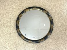 VINTAGE CHINOISERIE BLACK LACQUERED ROUND MIRROR; 54CM