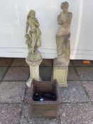 TWO CONCRETE FIGURES ON PLINTHS; LARGEST 125CM; WITH A CAST IRON PLANTER A/F