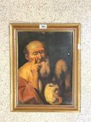 18TH CENTURY ITALIAN SCHOOL; OIL ON COPPER PANEL; HALF LENGTH PORTRAIT OF AN OLD MAN WITH A SKULL;