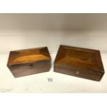 VICTORIAN ROSEWOOD SARCOPHAGUS SHAPED TEA CADDY (NO INTERIOR); 23CM, WITH A MAHOGANY AND BOXWOOD