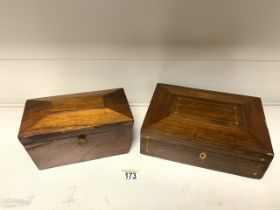 VICTORIAN ROSEWOOD SARCOPHAGUS SHAPED TEA CADDY (NO INTERIOR); 23CM, WITH A MAHOGANY AND BOXWOOD