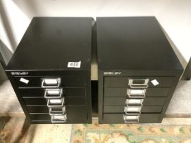 TWO BLACK METAL BISLEY FIVE DRAWER FILING CABINETS; 32 X 28 X 38CM