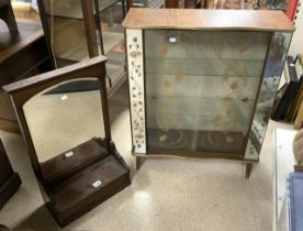 1950s DISPLAY CABINET WITH A VINTAGE WOODEN MIRROR; WITH STORAGE