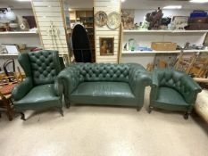 VINTAGE LEATHER TWO SEATER CHESTERFIELD; 163CM WITH A MATCHING WINGBACK AND TUB CHAIRS