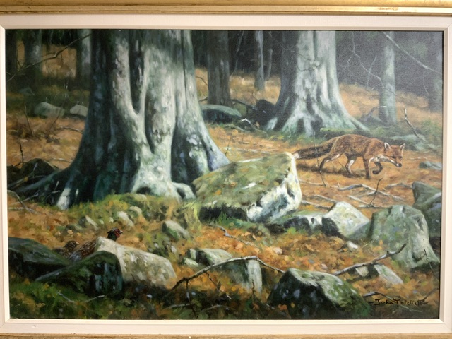 JOHN TRICKET (1952) LARGE SIGNED OIL ON CANVAS FOX IN THE WOODS; 94 X 66CM - Image 2 of 4