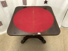 VICTORIAN ROSEWOOD CARD TABLE WITH RED BAIZE AND PAW FEET