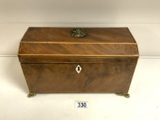 GEORGE III MAHOGANY AND BOXWOOD STRUNG RECTANGULAR TEA CADDY, INTERIOR WITH TWO LIDDED
