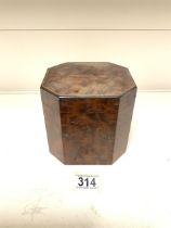 ART DECO BURR WALNUT OCTAGONAL TEA CADDY; 13CM