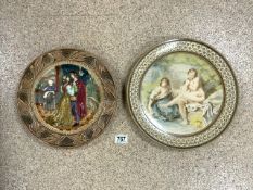 19TH CENTURY CIRCULAR WALL PLATE PAINTED CLASSICAL FIGURES; 34CM, WITH A BESWICK RELIEF MOULDED WALL
