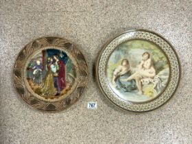 19TH CENTURY CIRCULAR WALL PLATE PAINTED CLASSICAL FIGURES; 34CM, WITH A BESWICK RELIEF MOULDED WALL