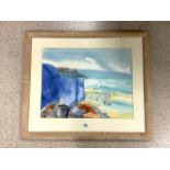 SIGNED WATERCOLOUR OF A BEACH SCENE BY MANO FRAMED AND GLAZED 83 X 71CM