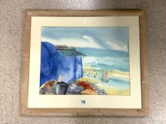 SIGNED WATERCOLOUR OF A BEACH SCENE BY MANO FRAMED AND GLAZED 83 X 71CM