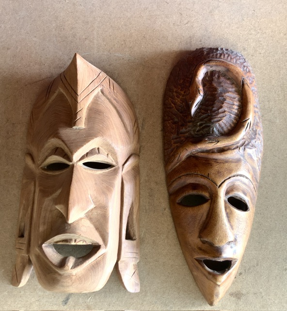 FIVE AFRICAN WOODEN MASKS INCLUDES MOTHER OF PEARL INLAY - Image 4 of 4