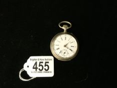 A 19TH CENTURY SWISS SILVER CASED POCKET WATCH; INCUSE STAMPED 0.800, P & M; DIAL WITH ROMAN
