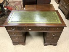 VINTAGE KNEE HOLE DESK WITH GREEN TOOLED LEATHER; 121 X 60CM
