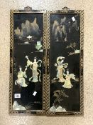 TWO BLACK LACQUERED ORIENTAL PANELS WITH MOTHER OF PEARL AND GILDING DECORATION; 70 X 25CM