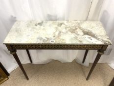 FRENCH EMPIRE STYLE MARBLE TOP CONSOLE TABLE WITH ORMOLU BRASS MOUNTS; 92 X 35CM