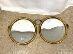 PAIR OF ROUND GILDED WALL MIRRORS; 38CM