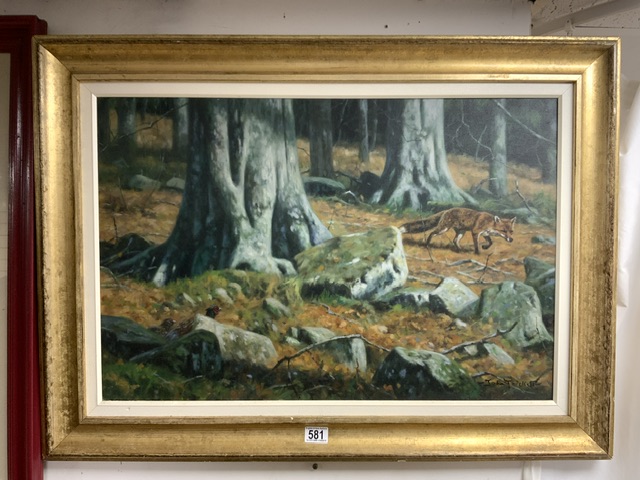 JOHN TRICKET (1952) LARGE SIGNED OIL ON CANVAS FOX IN THE WOODS; 94 X 66CM