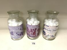 THREE FRENCH VINTAGE GLASS PERFUMERY ADVERTISNG JARS; 27CM