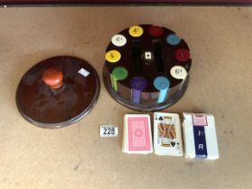 CASED SET OF VINTAGE GAMBLING CHIPS AND CARDS USED AT A TABLE AT BURSWOOD CASINO PERTH AUSTRALIA