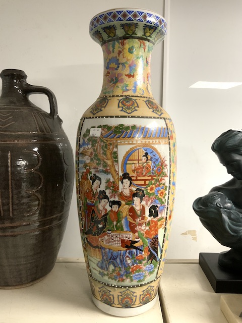 TWO LARGE STONEWARE POTS/JUGS WITH A CHINESE FAMILLE ROSE VASE 61CM - Image 2 of 3