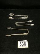 A PAIR OF STERLING SILVER RATTAIL PATTERN SUGAR TONGS, SHEFFIELD 1931, ANOTHER PAIR OF STERLING
