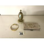 SILVER PLATED CIGARETTE CASE, GOLD PLATED BANGLE AND A MOTHER OF PEARL FRENCH SEWING NECESSAIRE A/F