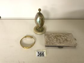 SILVER PLATED CIGARETTE CASE, GOLD PLATED BANGLE AND A MOTHER OF PEARL FRENCH SEWING NECESSAIRE A/F