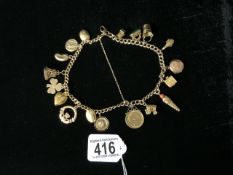 A VINTAGE MIXED-CARAT GOLD DOUBLE CHAIN CHARM BRACELET, ONE CHAIN EACH LINK MARKED 15 AND .625,