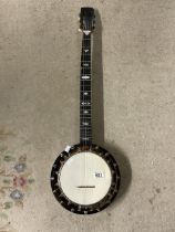 J E DALLAS FIVE STRING BANJO, WALNUT NECK WITH EBONY FINGERBOARD MOTHER OF PEARL INLAY (1724) 202