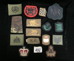 MILITARY CLOTH BADGES, IRISH REGIMENT, WARRANT OFFICER, AND MORE