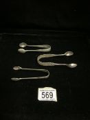 THREE PAIRS OF STERLING SILVER SUGAR TONGS, ONE VICTORIAN PAIR, BIRMINGHAM 1892, PART TWISTED ARS