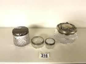 FOUR HALLMARKED SILVER CUT GLASS JARS