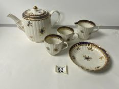 18TH CENTURY ENGLISH PORCELAIN CIRCULAR RIBBED TEAPOT, WITH A SPARROWBEAK CREAM JUG, TWO CUPS AND