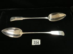 A PAIR OF SCOTTISH GEORGE III STERLING SILVER FIDDLE PATTERN BASTING SPOONS, MAKERS MARK J.F,