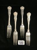 A SET OF FOUR VICTORIAN STERLING SILVER KINGS PATTERN TABLE FORKS, BY GEORGE HOWSON, SHEFFIELD 1899,