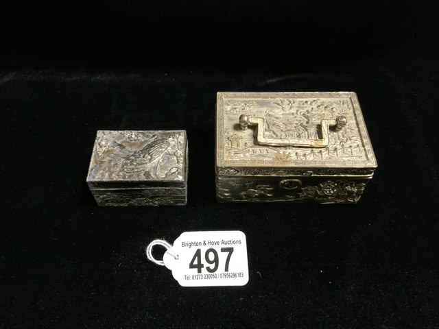 TWO ANTIQUE CHINESE EMBOSSED BOXES SILVERED LARGEST 9 X 6.5CM