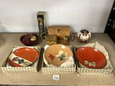 MIXED ORIENTAL ITEMS PLATES, BOWLS AND MORE WITH A WOODEN CIGARETTE DISPENSER
