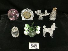 A QUANTITY OF GLASS ORNAMENTS, CLOCK AND A PAPERWEIGHT, INCLUDING; A POSY OF SNOW DROPS IN VASE, A