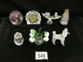 A QUANTITY OF GLASS ORNAMENTS, CLOCK AND A PAPERWEIGHT, INCLUDING; A POSY OF SNOW DROPS IN VASE, A