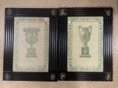 PAIR OF PRINTS IN ORNATE BLACK FRAMES WITH BRASS MOUNTS; 74 X 54CM