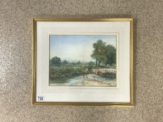 UNSIGNED WATERCOLOUR DRAWING OF HAMPSHIRE OF TWO FIGURES BY A STREAM