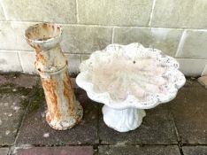 VINTAGE PAINTED CONCRETE BIRD BATH (SHELL) WITH A WROUGHT IRON PLANTER